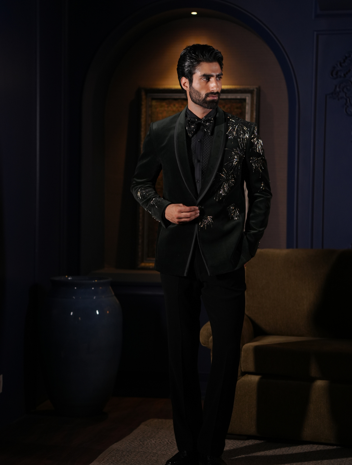 Bottle Green Color Cotton Velvet Hand Embroidered Tuxedos Suit