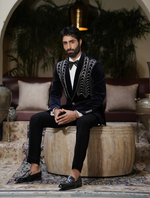 Navy Blue Cotton Velvet Leather Cord Work Tuxedos Suit