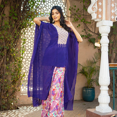 Purple Kaftan with Floral Printed Gharara Set