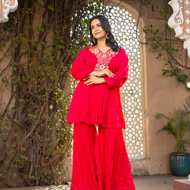 Rani Pink Pure Chinon Co-ord Set with Gharara