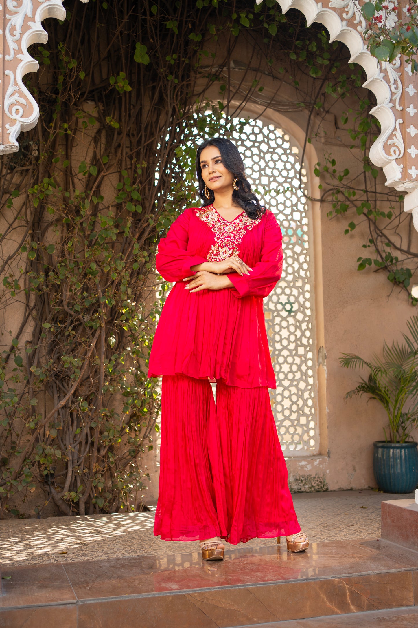 Rani Pink Pure Chinon Co-ord Set with Gharara