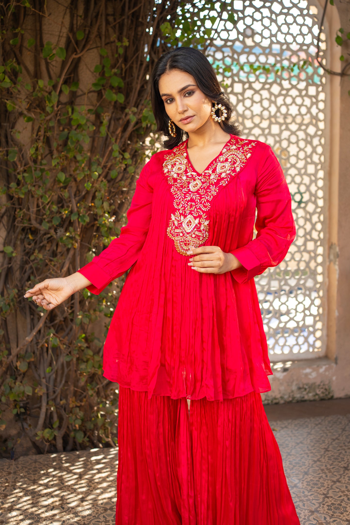 Rani Pink Pure Chinon Co-ord Set with Gharara