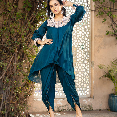 Teal Blue Pure Chinon Mirror Work Co-ord Set with Tulip Salwar