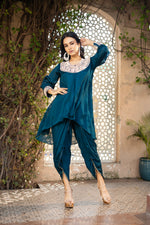 Teal Blue Pure Chinon Mirror Work Co-ord Set with Tulip Salwar