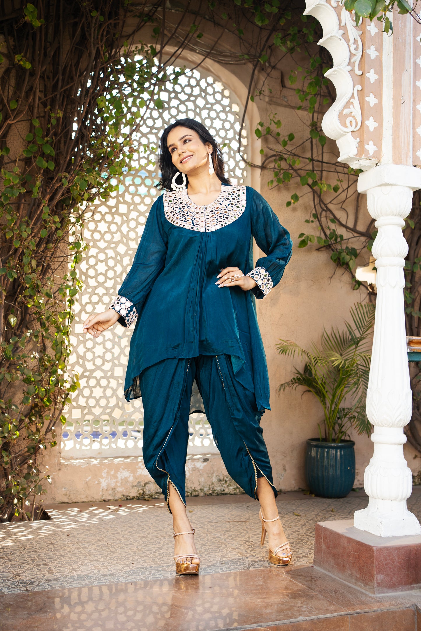 Teal Blue Pure Chinon Mirror Work Co-ord Set with Tulip Salwar