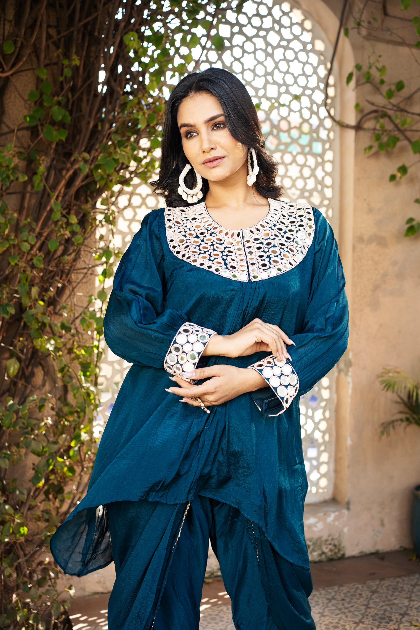 Teal Blue Pure Chinon Mirror Work Co-ord Set with Tulip Salwar