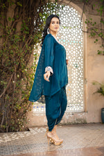Teal Blue Pure Chinon Mirror Work Co-ord Set with Tulip Salwar