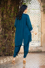 Teal Blue Pure Chinon Mirror Work Co-ord Set with Tulip Salwar
