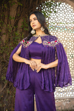 Purple Pure Chinon Hand Embroidered Indo Western Set with Plazo