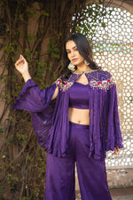 Purple Pure Chinon Hand Embroidered Indo Western Set with Plazo