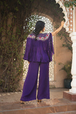 Purple Pure Chinon Hand Embroidered Indo Western Set with Plazo