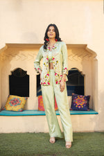 Pista Green Hand Embroidered Indo Western with straight Pant