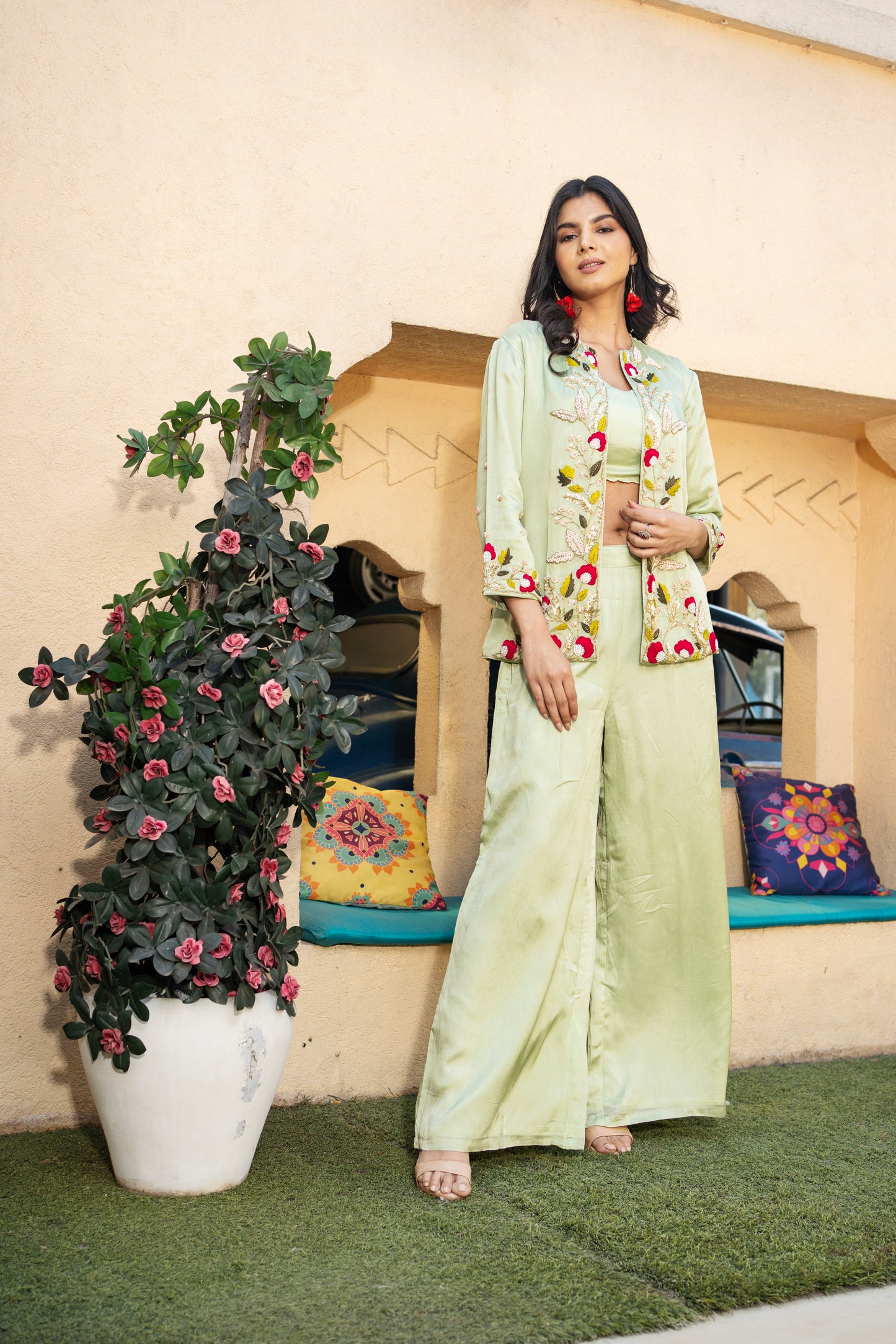 Pista Green Hand Embroidered Indo Western with straight Pant