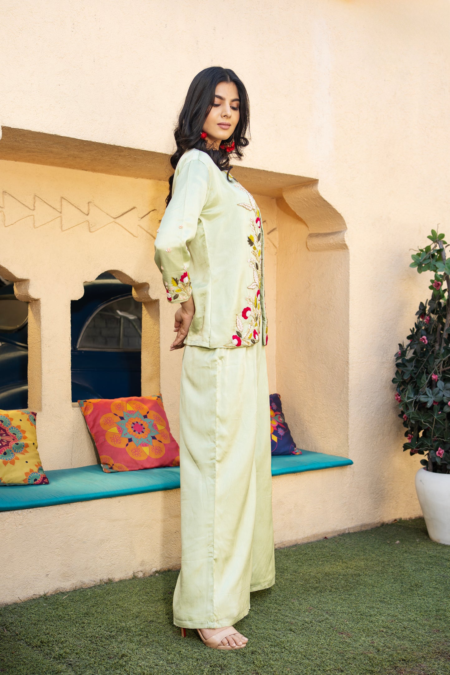 Pista Green Hand Embroidered Indo Western with straight Pant