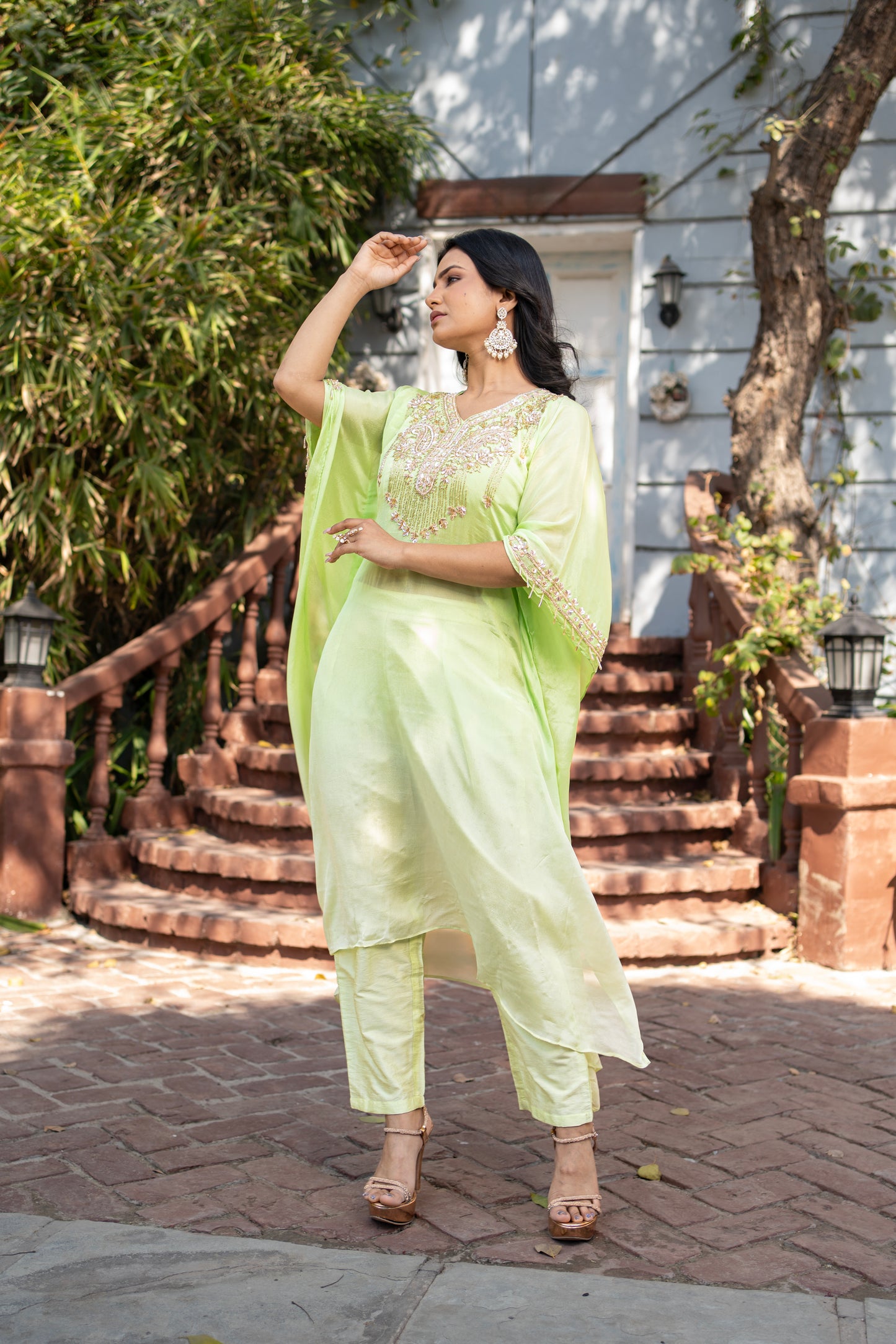 Neon Green Ombre Pure Chinon Kaftan with Straight Pant Set