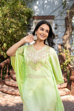 Neon Green Ombre Pure Chinon Kaftan with Straight Pant Set
