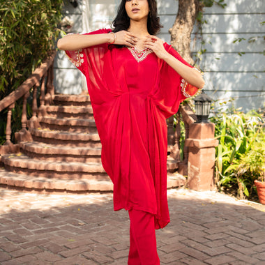 Rani Pink Pure Chinon Hand Embroidered Kaftan Set with Straight Pant