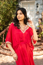 Rani Pink Pure Chinon Hand Embroidered Kaftan Set with Straight Pant