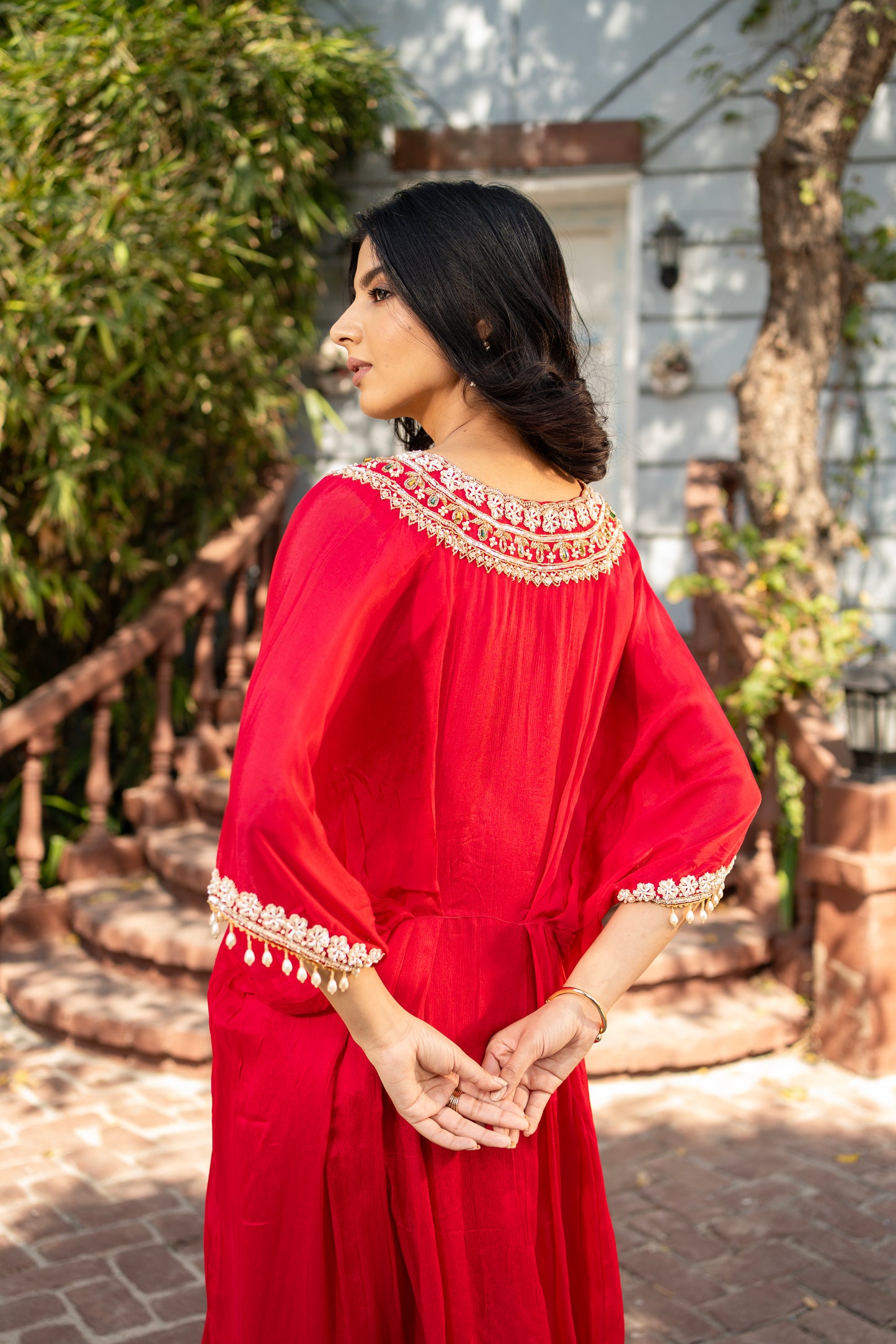 Rani Pink Pure Chinon Hand Embroidered Kaftan Set with Straight Pant