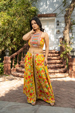 Floral Printed Pure Chonon Indo Western with Hand Embroidered Dupion Silk Trouser