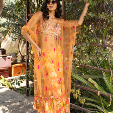 Pure Chinon Hand Embroidered Indo Western Set with Digital Print Gharara