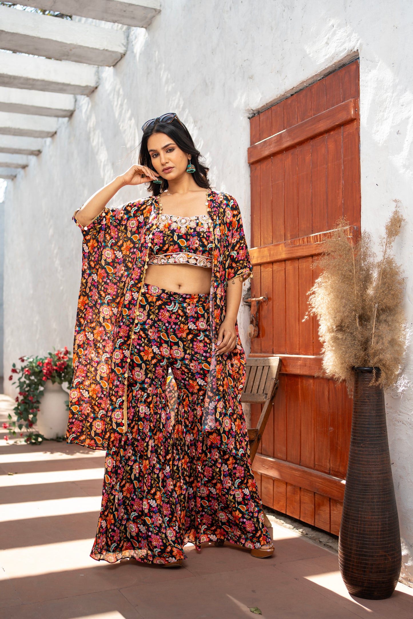 Digital Printed Hand Embroidered Indo Western Dress with Gharara