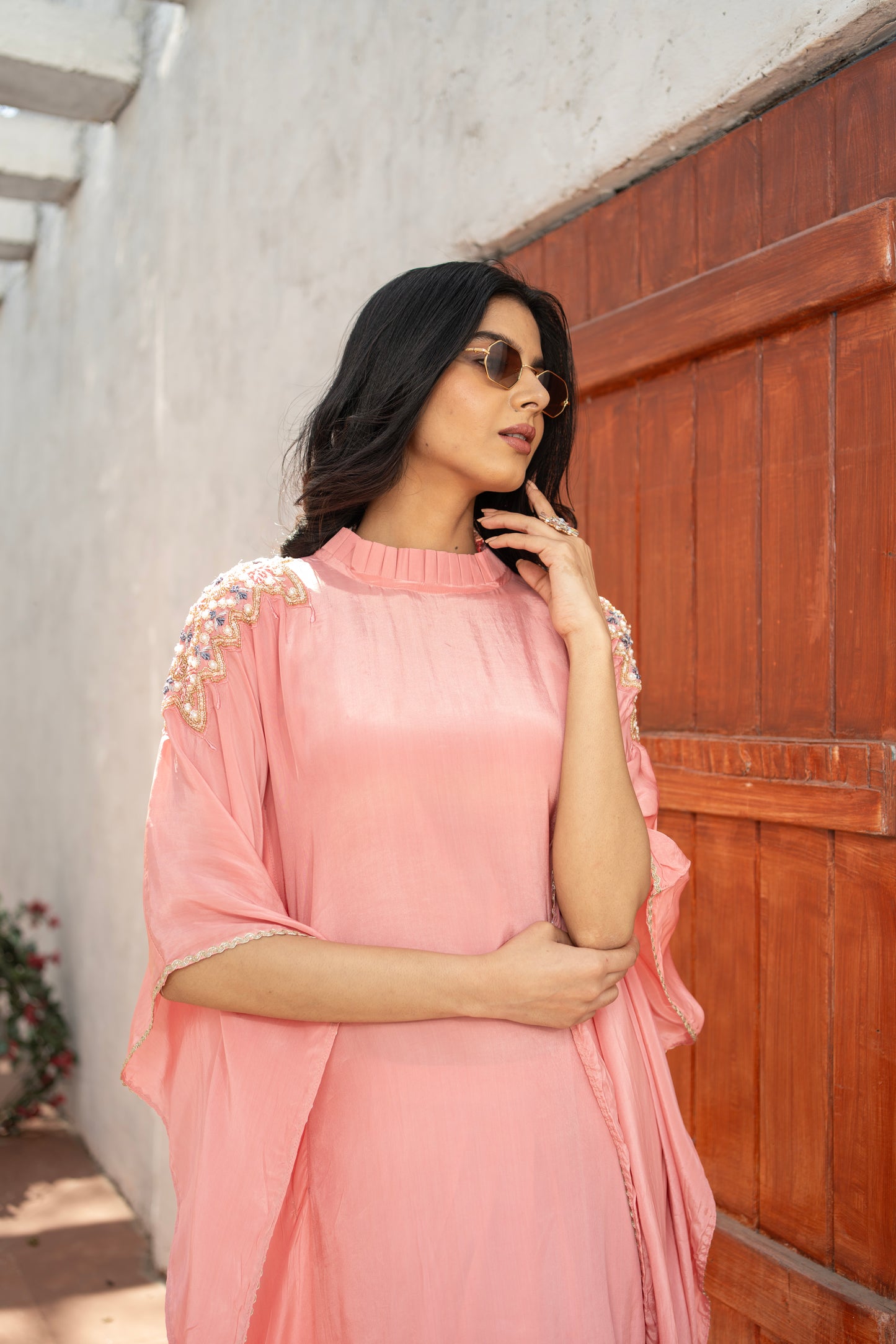 Peach Pure Crepe Kaftan with Tulip Salwar Set