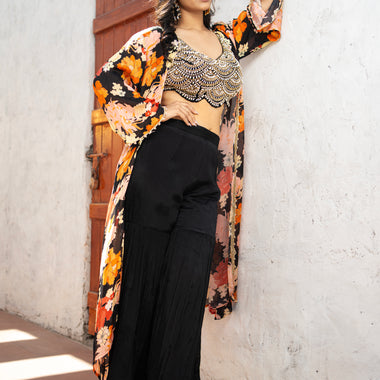 Black Pure Chinon Indo Western with Digital Pure Chinon jacket Set