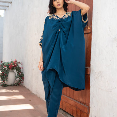 Teal Blue Crepe Kaftan Hand Embroidered Work with Straight Crepe Pant Set