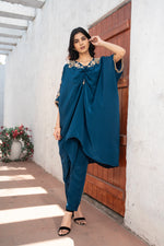 Teal Blue Crepe Kaftan Hand Embroidered Work with Straight Crepe Pant Set