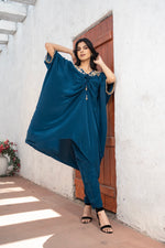Teal Blue Crepe Kaftan Hand Embroidered Work with Straight Crepe Pant Set