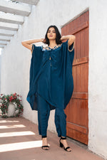 Teal Blue Crepe Kaftan Hand Embroidered Work with Straight Crepe Pant Set