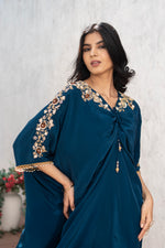 Teal Blue Crepe Kaftan Hand Embroidered Work with Straight Crepe Pant Set