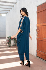 Teal Blue Crepe Kaftan Hand Embroidered Work with Straight Crepe Pant Set