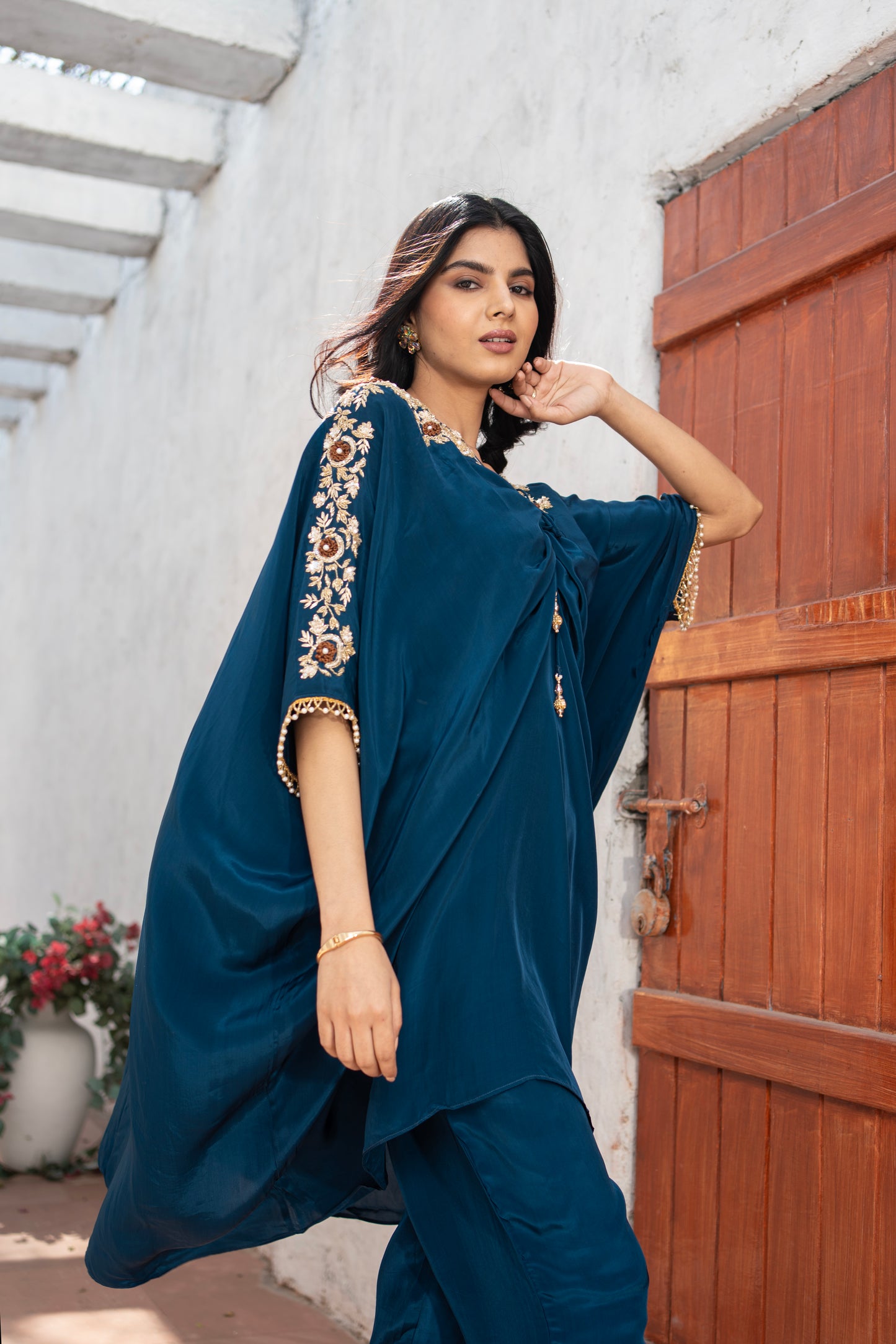Teal Blue Crepe Kaftan Hand Embroidered Work with Straight Crepe Pant Set