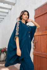 Teal Blue Crepe Kaftan Hand Embroidered Work with Straight Crepe Pant Set