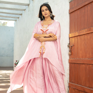 Lilac Colour Crepe Hand Embroidered Indo Western with Straight Pant Set