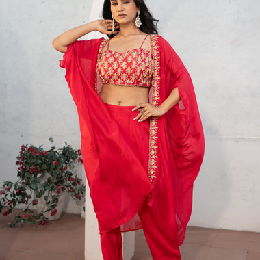 Rani Pink Hand Embroidered Indo Western with Straight Pant Set