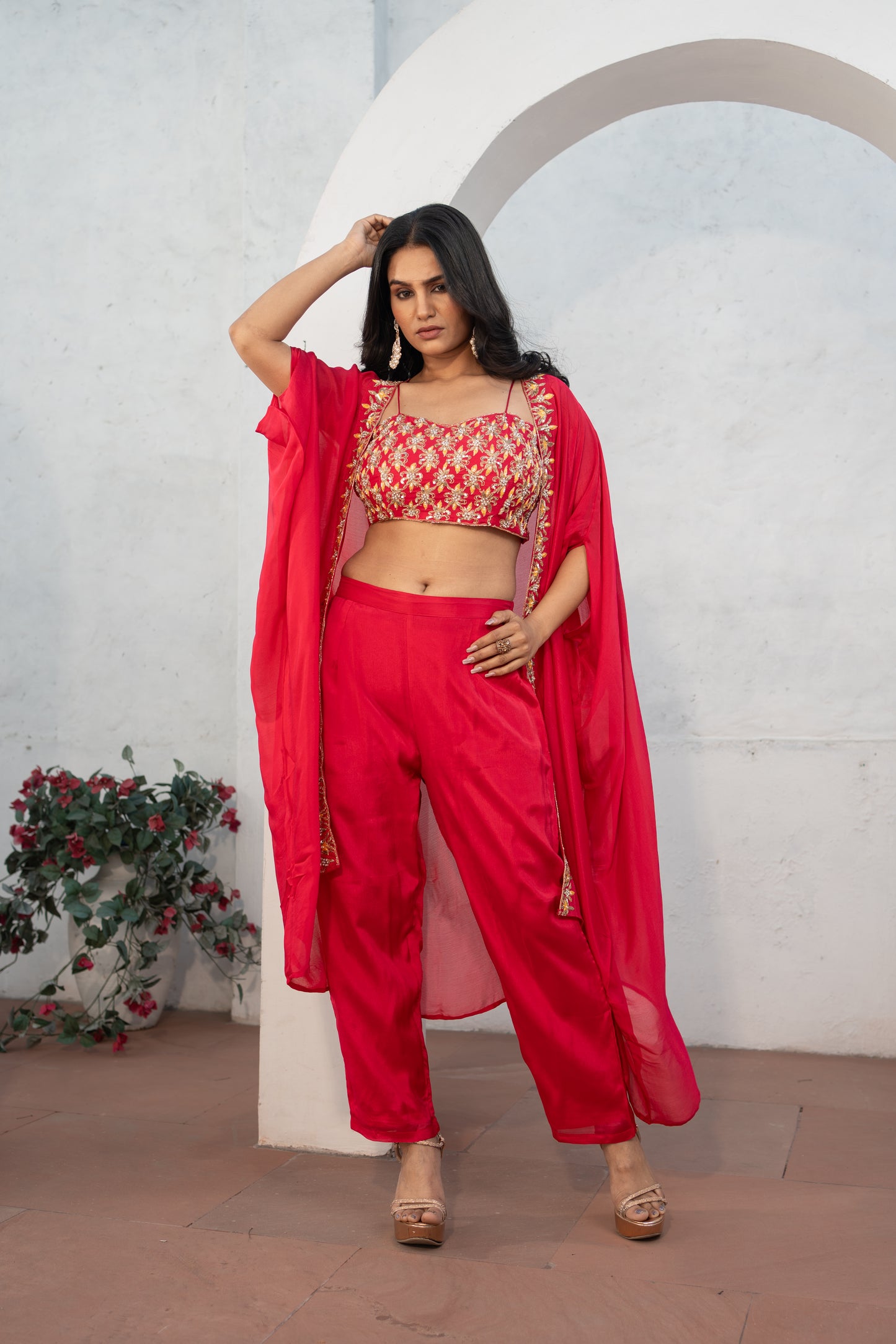 Rani Pink Hand Embroidered Indo Western with Straight Pant Set
