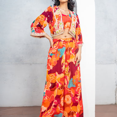 Pure Chinon Hand Embroidered Short Jacket with Digital Print Indo Western Set