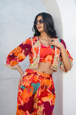 Pure Chinon Hand Embroidered Short Jacket with Digital Print Indo Western Set