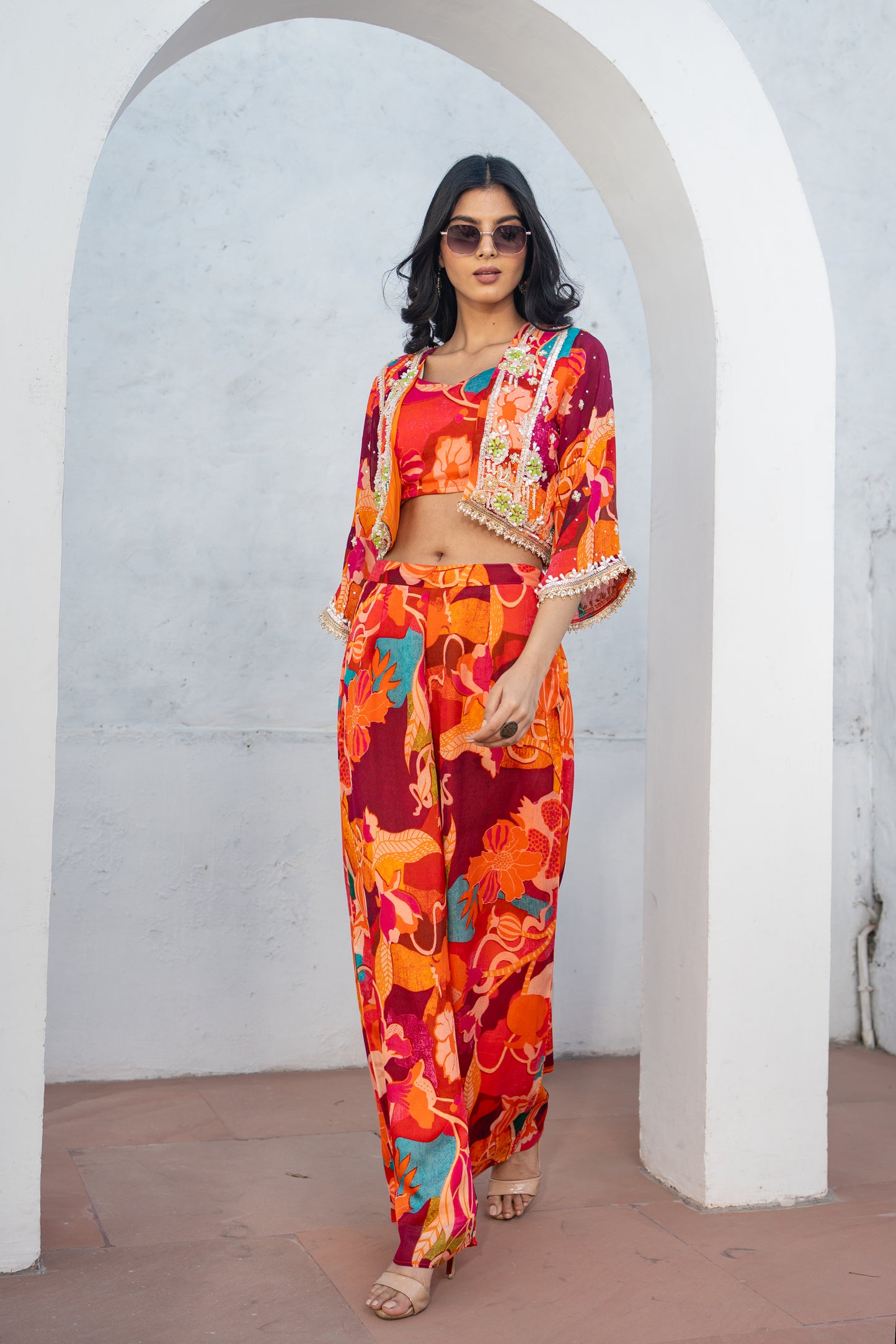 Pure Chinon Hand Embroidered Short Jacket with Digital Print Indo Western Set