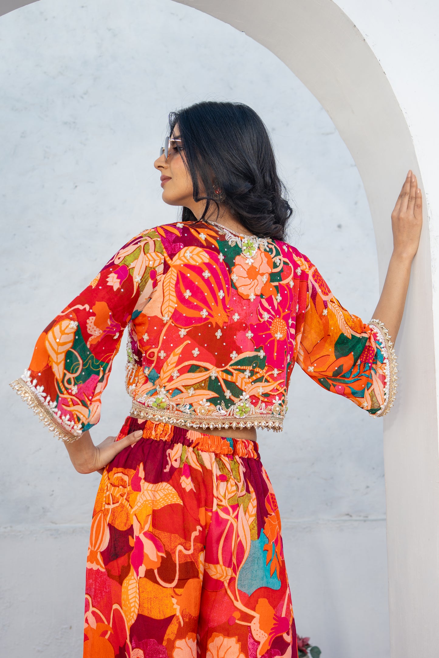 Pure Chinon Hand Embroidered Short Jacket with Digital Print Indo Western Set
