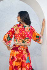 Pure Chinon Hand Embroidered Short Jacket with Digital Print Indo Western Set