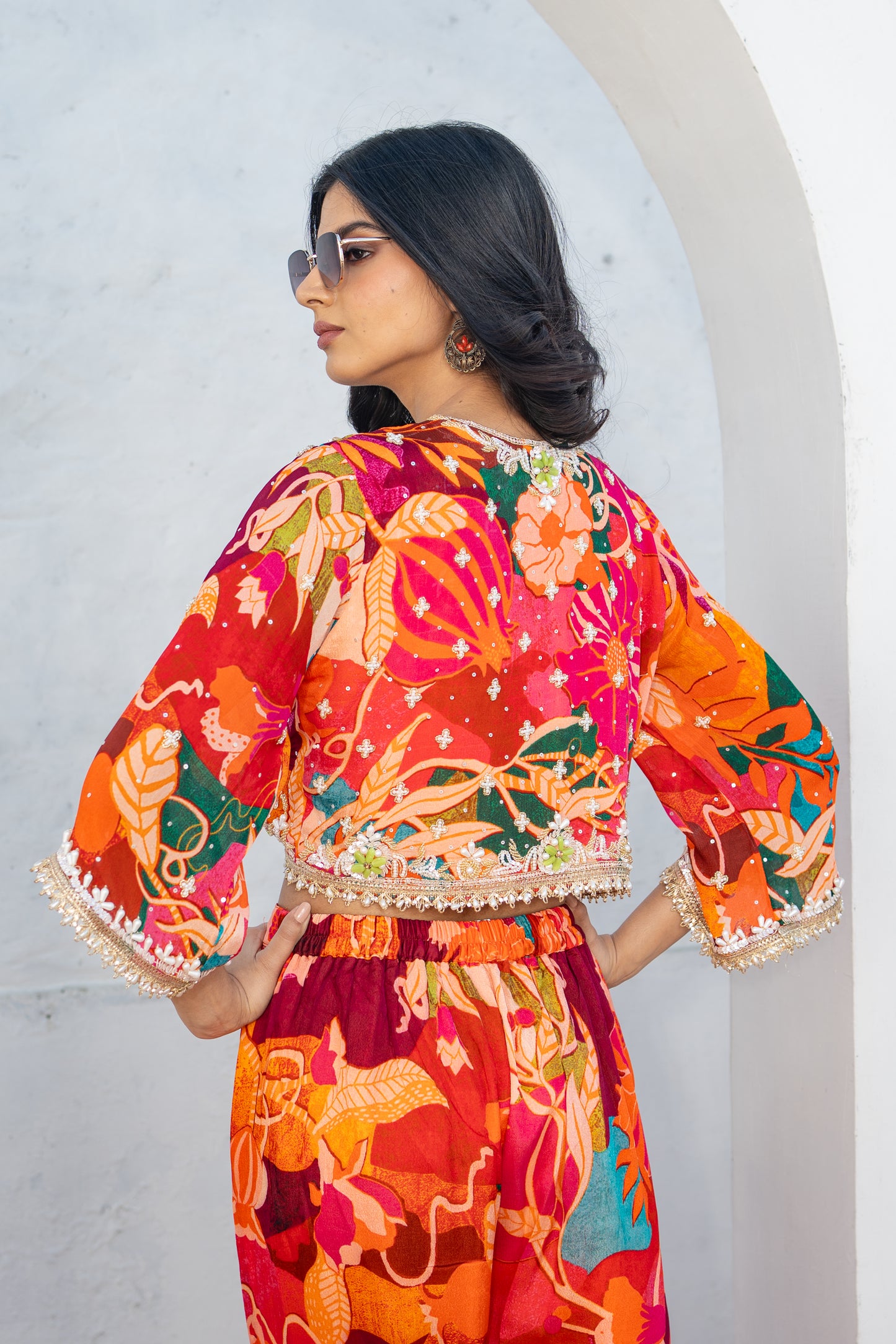 Pure Chinon Hand Embroidered Short Jacket with Digital Print Indo Western Set