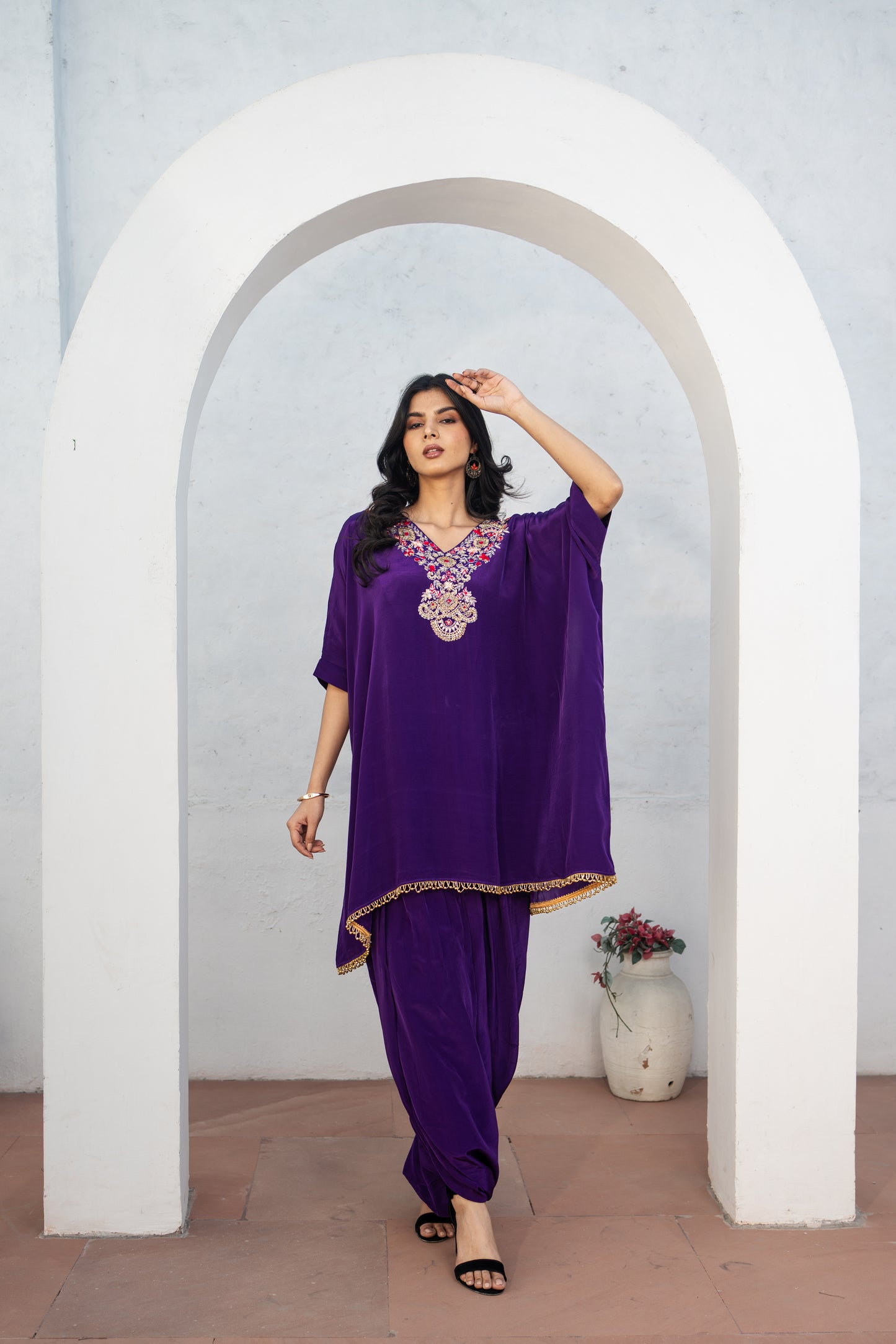 Purple Indo Western Hand Embroidered Work with Dhoti Pant Set