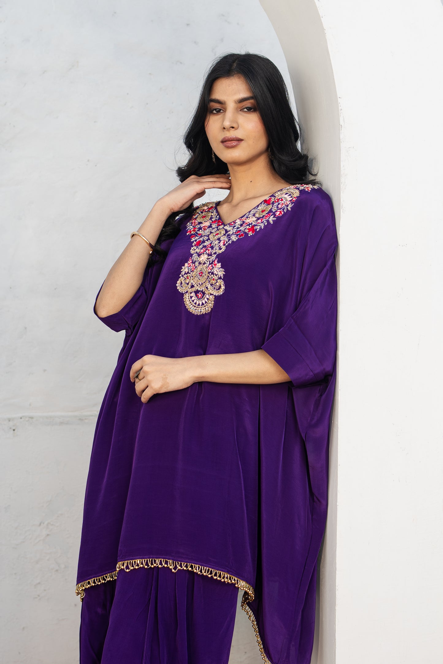 Purple Indo Western Hand Embroidered Work with Dhoti Pant Set
