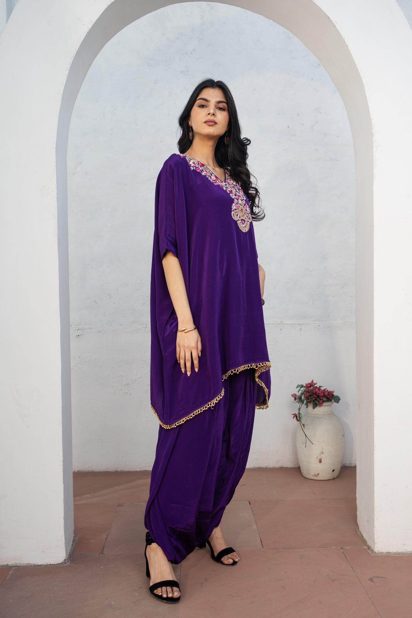 Purple Indo Western Hand Embroidered Work with Dhoti Pant Set