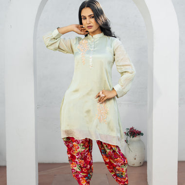 Pista Green Hand Embroidered Co-ord Set with Floral Printed Chinon Tulip Salwar Set