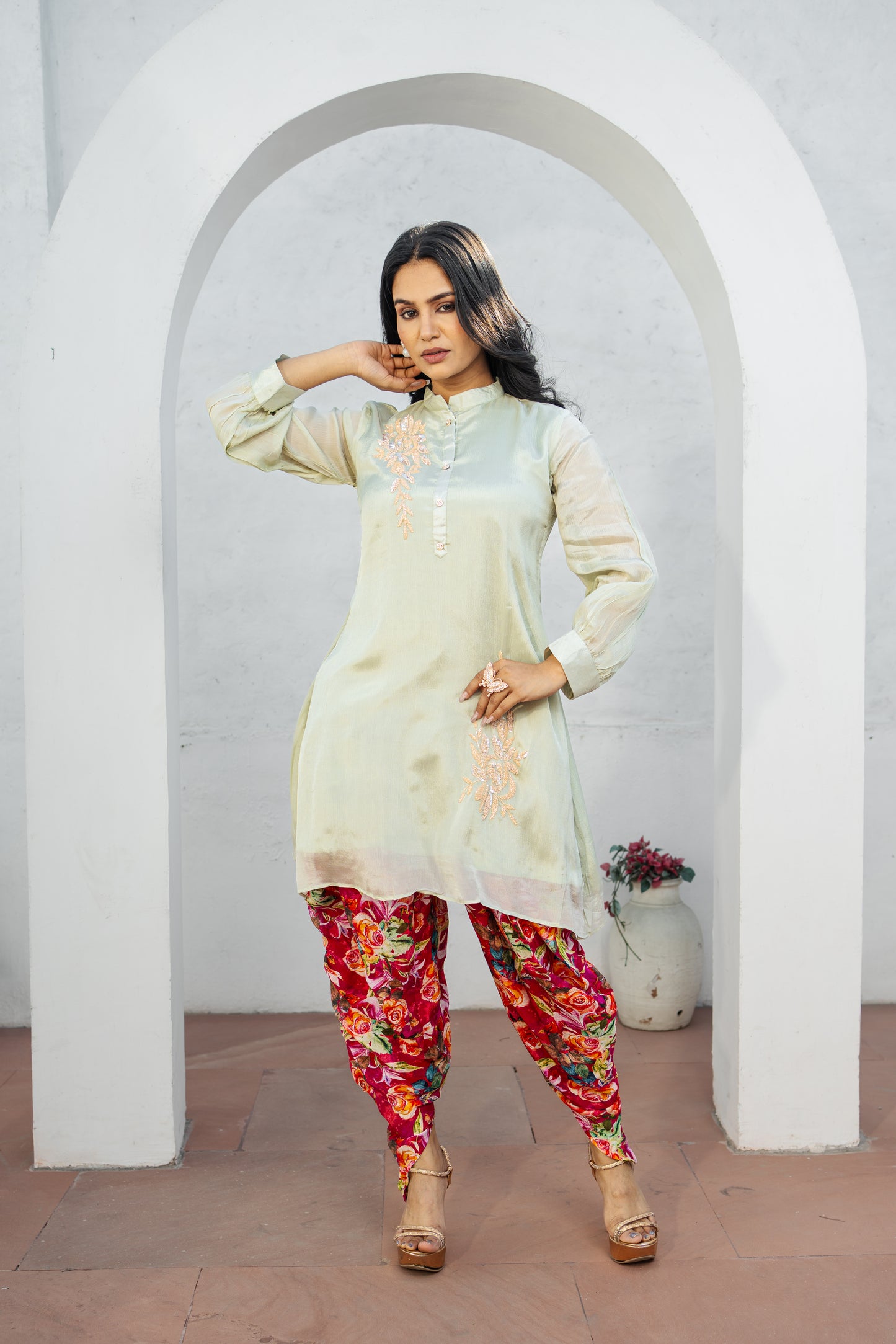 Pista Green Hand Embroidered Co-ord Set with Floral Printed Chinon Tulip Salwar Set